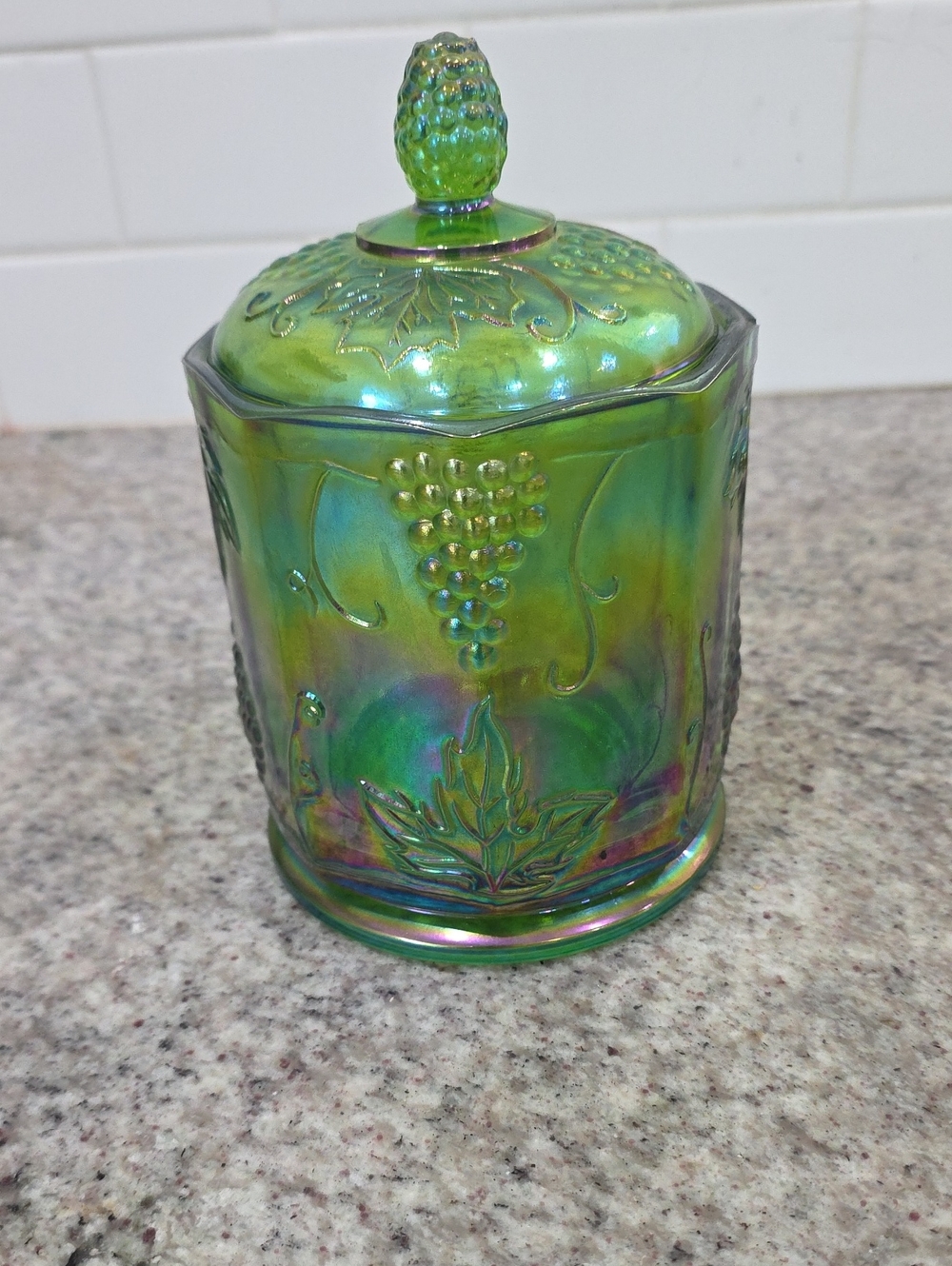 Indiana Glass Iridescent Green Carnival Glass Covered Jar